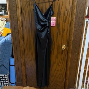 NWT Emerald Sundae Satin Long Assymetrical Hem Slip Dress Black Size S